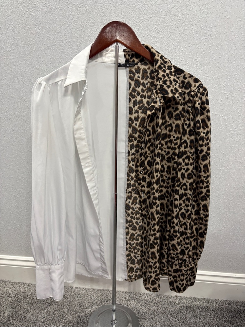 SHEIN White and Leopard Print Split-Style Blouse
